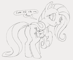 Size: 956x780 | Tagged: safe, artist:dotkwa, imported from derpibooru, fluttershy, pegasus, pony, butt, dialogue, female, flutterbutt, folded wings, grayscale, implied anon, looking at you, looking back, looking back at you, mare, monochrome, open mouth, open smile, plot, raised hoof, rear view, saddle, sketch, smiling, solo, speech bubble, tack, underhoof, wings