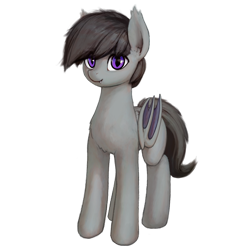 Size: 1758x1758 | Tagged: source needed, safe, artist:quvr, imported from derpibooru, oc, oc only, bat pony, pony, derpibooru community collaboration, 2022 community collab, bat ears, bat pony oc, bat wings, ear fluff, ear tufts, fangs, folded wings, full body, male, not octavia, purple eyes, simple background, smiling, solo, standing, three quarter view, transparent background, wings