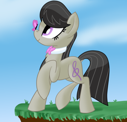 Size: 1920x1850 | Tagged: safe, artist:notadeliciouspotato, imported from derpibooru, octavia melody, butterfly, earth pony, pony, bowtie, butterfly on nose, cliff, cloud, female, insect on nose, mare, raised hoof, sky, solo