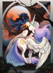 Size: 2400x3300 | Tagged: safe, alternate version, artist:slimeprints, imported from derpibooru, princess celestia, princess luna, alicorn, pony, cloud, duo, female, grass, high res, hoers, mare, modern art, nouveau, realistic horse legs, sad, siblings, sisters, tree