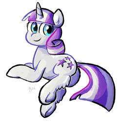 Size: 1024x1024 | Tagged: safe, artist:kukie, derpibooru exclusive, imported from derpibooru, twilight velvet, unicorn, blue eyes, butt, female, full body, hoof fluff, leg fluff, looking back, lying down, plot, prone, simple background, smiling, solo, tail, two toned mane, two toned tail, underhoof, white background