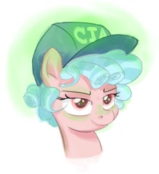 Size: 837x919 | Tagged: safe, artist:ponerino, imported from derpibooru, cozy glow, pegasus, baseball cap, bust, cap, cia, colored, curly mane, digital art, female, filly, foal, glowie, glowing, hat, joke, meme, simple background, two toned mane