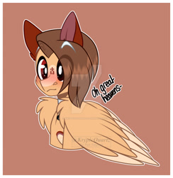 Size: 1280x1309 | Tagged: safe, artist:krypticquartz, imported from derpibooru, oc, oc only, pegasus, pony, blushing, brown background, bust, deviantart watermark, eye clipping through hair, eyebrows, eyebrows visible through hair, folded wings, obtrusive watermark, outline, pegasus oc, portrait, simple background, solo, watermark, white outline, wing fluff, wings
