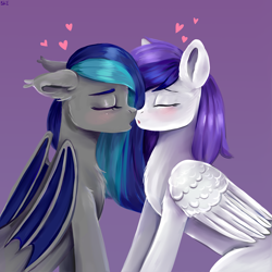 Size: 2701x2701 | Tagged: safe, artist:ske, imported from derpibooru, oc, oc only, bat pony, pegasus, pony, bat pony oc, blushing, duo, eyes closed, heart, high res, kissing, love, open mouth, pegasus oc, purple background, signature, simple background
