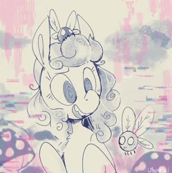 Size: 1925x1929 | Tagged: safe, artist:urbanqhoul, imported from derpibooru, screwball, oc, oc only, parasprite, pony, abstract background, open mouth, open smile, smiling, solo, swirly eyes