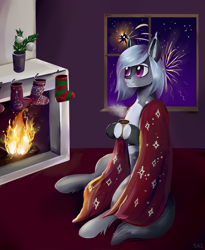 Size: 3200x3901 | Tagged: safe, artist:ske, imported from derpibooru, oc, oc only, earth pony, hybrid, pony, christmas, christmas stocking, clothes, fire, fireplace, fireworks, high res, holiday, plaid, secret santa, socks, solo, trade, window