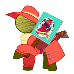 Size: 2048x2048 | Tagged: safe, artist:zoness, imported from derpibooru, oc, oc only, oc:zoness, original species, pony, derpibooru community collaboration, 2022 community collab, carmen sandiego, clothes, hat, high res, male, planet pony, pun, sign, simple background, sitting, solo, transparent background, trenchcoat, wings