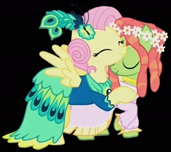 Size: 1520x1352 | Tagged: safe, artist:twilyisbestpone, edit, edited screencap, imported from derpibooru, screencap, fluttershy, tree hugger, pegasus, pony, make new friends but keep discord, season 5, background removed, black background, clothes, dress, duo, female, gala dress, glasses, hug, simple background