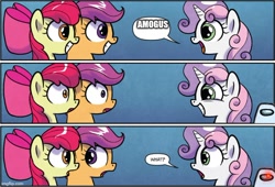 Size: 732x499 | Tagged: safe, imported from derpibooru, apple bloom, scootaloo, sweetie belle, earth pony, pegasus, pony, unicorn, 3 panel comic, amogus, among us, comic, cutie mark crusaders, female, filly, foal, meme, sus (among us), this will end in death, this will end in tears, this will end in tears and/or death