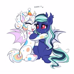 Size: 4000x4000 | Tagged: safe, artist:confetticakez, oc, oc only, bat pony, pegasus, pony, eyes closed, hat, hug, open mouth, party hat, simple background, smiling