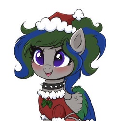 Size: 400x400 | Tagged: safe, artist:confetticakez, oc, oc only, pegasus, pony, blushing, choker, christmas, christmas sweater, clothes, hat, holiday, mistletoe, open mouth, santa hat, simple background, smiling, spiked choker, sweater, white background