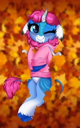 Size: 2577x4096 | Tagged: safe, artist:confetticakez, oc, oc only, kirin, autumn, clothes, hoodie, leaves, looking at you, one eye closed, smiling, solo