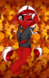 Size: 2577x4096 | Tagged: safe, artist:confetticakez, oc, oc only, pony, unicorn, autumn, clothes, hoodie, leaves, looking at you, one eye closed, smiling, solo