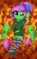 Size: 2577x4096 | Tagged: safe, artist:confetticakez, oc, oc only, pegasus, pony, autumn, clothes, hoodie, leaves, looking at you, one eye closed, smiling, socks, solo, spread wings, wings