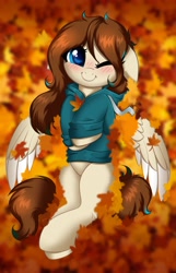 Size: 2580x4000 | Tagged: safe, artist:confetticakez, oc, oc only, pegasus, pony, autumn, clothes, hoodie, leaves, looking at you, one eye closed, smiling, solo, spread wings, wings