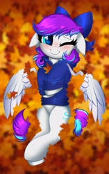 Size: 2577x4096 | Tagged: safe, artist:confetticakez, oc, oc only, pegasus, pony, autumn, clothes, hoodie, leaves, looking at you, one eye closed, smiling, solo, spread wings, wings