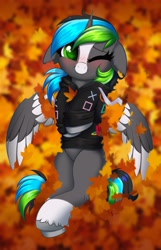 Size: 2580x4000 | Tagged: safe, artist:confetticakez, oc, oc only, alicorn, pony, alicorn oc, autumn, clothes, hoodie, horn, leaves, looking at you, one eye closed, smiling, solo, spread wings, wings