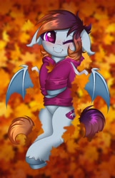 Size: 2580x4000 | Tagged: safe, artist:confetticakez, oc, oc only, bat pony, pegasus, pony, autumn, clothes, hoodie, leaves, looking at you, one eye closed, smiling, solo, spread wings, wings