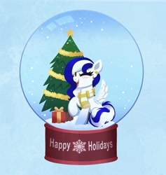 Size: 3884x4096 | Tagged: safe, artist:confetticakez, oc, oc only, pegasus, pony, christmas, christmas presents, christmas tree, clothes, holiday, open mouth, scarf, simple background, smiling, snow, snow globe, spread wings, tree, wings