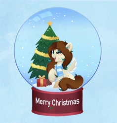 Size: 3884x4096 | Tagged: safe, artist:confetticakez, oc, oc only, pegasus, pony, christmas, christmas presents, christmas tree, clothes, holiday, open mouth, scarf, simple background, smiling, snow, snow globe, spread wings, tree, wings