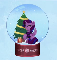 Size: 3884x4096 | Tagged: safe, artist:confetticakez, oc, oc only, alicorn, pony, alicorn oc, christmas, christmas presents, christmas tree, clothes, holiday, horn, open mouth, scarf, simple background, smiling, snow, snow globe, spread wings, tree, wings