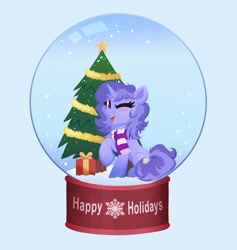 Size: 3884x4096 | Tagged: safe, artist:confetticakez, oc, oc only, pony, unicorn, christmas, christmas presents, christmas tree, clothes, holiday, open mouth, scarf, simple background, smiling, snow, snow globe, spread wings, tree, wings