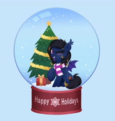 Size: 3884x4096 | Tagged: safe, artist:confetticakez, oc, oc only, bat pony, pegasus, pony, christmas, christmas presents, christmas tree, clothes, fangs, holiday, open mouth, scarf, simple background, smiling, snow, snow globe, spread wings, tree, wings