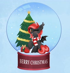 Size: 3799x4006 | Tagged: safe, artist:confetticakez, oc, oc only, bat pony, pegasus, pony, christmas, christmas presents, christmas tree, clothes, fangs, holiday, open mouth, scarf, simple background, smiling, snow, snow globe, spread wings, tree, wings
