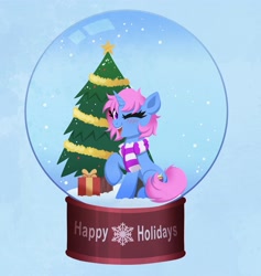 Size: 3839x4048 | Tagged: safe, artist:confetticakez, oc, oc only, pony, unicorn, christmas, christmas presents, christmas tree, clothes, holiday, open mouth, scarf, simple background, smiling, snow, snow globe, spread wings, tree, wings