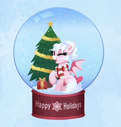 Size: 3884x4096 | Tagged: safe, artist:confetticakez, oc, oc only, bat pony, pegasus, pony, christmas, christmas presents, christmas tree, clothes, fangs, holiday, open mouth, scarf, simple background, smiling, snow, snow globe, spread wings, tree, wings
