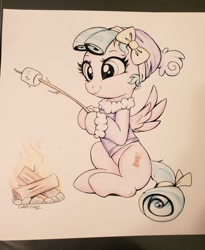 Size: 841x1024 | Tagged: safe, artist:confetticakez, cozy glow, pegasus, pony, bow, campfire, clothes, fire, food, hat, marshmallow, simple background, sitting, smiling, spread wings, stick, sweater, wings