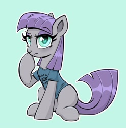 Size: 3344x3388 | Tagged: safe, artist:confetticakez, imported from derpibooru, maud pie, earth pony, pony, blue background, boop, clothes, cute, eyeshadow, female, makeup, mare, maudabetes, nose piercing, nose ring, pensive, piercing, raised hoof, self-boop, shirt, simple background, sitting, solo, t-shirt, wingding eyes