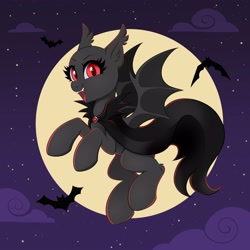 Size: 4000x4000 | Tagged: safe, artist:confetticakez, bat, bat pony, pony, cape, clothes, ear fluff, ear tufts, fangs, female, flying, full moon, looking at you, moon, night, night sky, open mouth, open smile, sky, smiling, smiling at you, solo, spread wings, wings