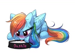Size: 1280x908 | Tagged: safe, artist:confetticakez, rainbow dash, pegasus, pony, acting like a cat, blushing, embarrassed, food dish, milk, schlop, simple background, tongue out, white background