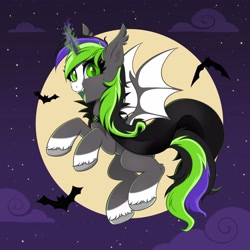 Size: 4000x4000 | Tagged: safe, artist:confetticakez, oc, oc only, alicorn, bat, bat pony, pony, alicorn oc, cape, clothes, ear fluff, ear tufts, fangs, female, flying, full moon, horn, looking at you, magic, moon, night, night sky, open mouth, open smile, sky, smiling, smiling at you, solo, spread wings, wings