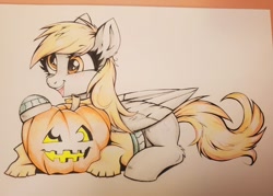 Size: 1024x734 | Tagged: safe, artist:confetticakez, derpy hooves, pegasus, pony, clothes, halloween, holiday, open mouth, pumpkin, smiling