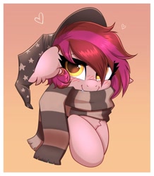Size: 3353x3843 | Tagged: safe, artist:confetticakez, oc, oc only, earth pony, pony, blushing, clothes, hat, scarf, simple background, smiling, white background, witches hat
