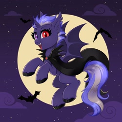 Size: 4000x4000 | Tagged: safe, artist:confetticakez, oc, oc only, alicorn, bat, bat pony, pony, alicorn oc, cape, clothes, ear fluff, ear tufts, fangs, female, flying, full moon, horn, looking at you, moon, night, night sky, open mouth, open smile, sky, smiling, smiling at you, solo, spread wings, wings