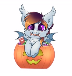 Size: 2510x2660 | Tagged: safe, artist:confetticakez, oc, oc only, bat pony, pony, candy, candy basket, chest fluff, ear fluff, food, halloween, holiday, mouth hold, pumpkin, simple background, smiling, spread wings, white background, wings
