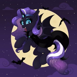Size: 4000x4000 | Tagged: safe, artist:confetticakez, nightmare rarity, alicorn, bat, bat pony, pony, cape, clothes, ear fluff, ear tufts, fangs, female, flying, full moon, looking at you, moon, night, night sky, open mouth, open smile, sky, smiling, smiling at you, solo, spread wings, wings