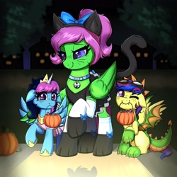 Size: 4000x4000 | Tagged: safe, artist:confetticakez, oc, oc only, pegasus, pony, alicorn costume, animal costume, bell, bow, candy basket, cat costume, clothes, costume, dragon costume, goggles, halloween, holiday, mouth hold, pumpkin, raised hoof, smiling, trick or treat