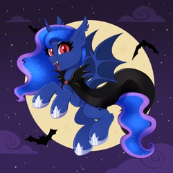 Size: 4000x4000 | Tagged: safe, artist:confetticakez, princess luna, alicorn, bat, bat pony, pony, cape, clothes, ear fluff, ear tufts, fangs, female, flying, full moon, looking at you, moon, night, night sky, open mouth, open smile, sky, smiling, smiling at you, solo, spread wings, wings