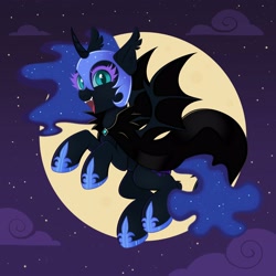 Size: 4000x4000 | Tagged: safe, artist:confetticakez, nightmare moon, alicorn, bat, bat pony, pony, cape, clothes, ear fluff, ear tufts, fangs, female, flying, full moon, helmet, looking at you, moon, night, night sky, open mouth, open smile, sky, smiling, smiling at you, solo, spread wings, wings