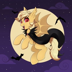 Size: 4000x4000 | Tagged: safe, artist:confetticakez, oc, oc only, bat, bat pony, pony, cape, clothes, ear fluff, ear tufts, fangs, female, flying, full moon, looking at you, moon, night, night sky, open mouth, open smile, sky, smiling, smiling at you, solo, spread wings, wings