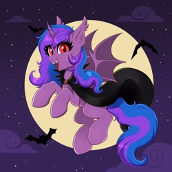 Size: 4000x4000 | Tagged: safe, artist:confetticakez, oc, oc only, alicorn, bat, bat pony, pony, alicorn oc, cape, clothes, ear fluff, ear tufts, fangs, female, flying, full moon, horn, looking at you, moon, night, night sky, open mouth, open smile, sky, smiling, smiling at you, solo, spread wings, wings