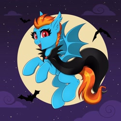 Size: 4000x4000 | Tagged: safe, artist:confetticakez, oc, oc only, bat, bat pony, pony, cape, clothes, ear fluff, ear tufts, fangs, female, flying, full moon, looking at you, moon, night, night sky, open mouth, open smile, sky, smiling, smiling at you, solo, spread wings, wings