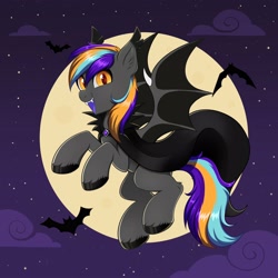 Size: 4000x4000 | Tagged: safe, artist:confetticakez, oc, oc only, bat, bat pony, pony, cape, clothes, ear fluff, ear tufts, fangs, female, flying, full moon, looking at you, moon, night, night sky, open mouth, open smile, sky, smiling, smiling at you, solo, spread wings, wings