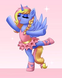 Size: 3277x4096 | Tagged: safe, artist:confetticakez, oc, oc only, alicorn, pony, alicorn oc, ballerina, ballet, bipedal, clothes, eyes closed, horn, open mouth, open smile, smiling, solo, standing, standing on one leg, tutu, wings