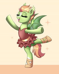 Size: 3277x4096 | Tagged: safe, artist:confetticakez, oc, oc only, bat pony, pony, ballerina, ballet, bipedal, clothes, eyes closed, open mouth, open smile, smiling, solo, standing, standing on one leg, tutu