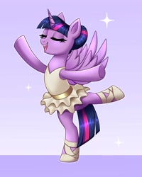 Size: 3277x4096 | Tagged: safe, artist:confetticakez, twilight sparkle, alicorn, pony, ballerina, ballet, bipedal, clothes, eyes closed, open mouth, open smile, smiling, solo, standing, standing on one leg, tutu, twilight sparkle (alicorn)